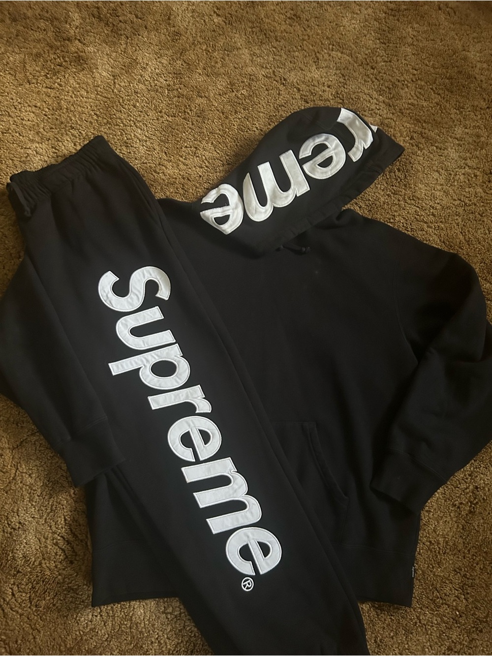 Supreme satin appliqué lettering hoodie and pants set. Size large